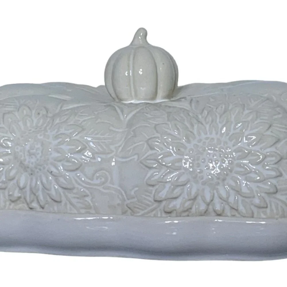 Harvest Pumpkin Covered Butter Dish With Lid Large Ceramic Floral White Cream